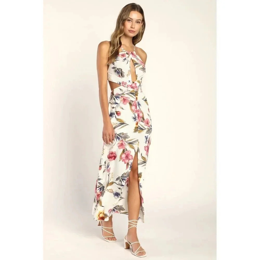 NWT Lulus Blossoming Hours Ivory Floral Keyhole Backless Halter Maxi Dress-sz Me - Picture 2 of 11